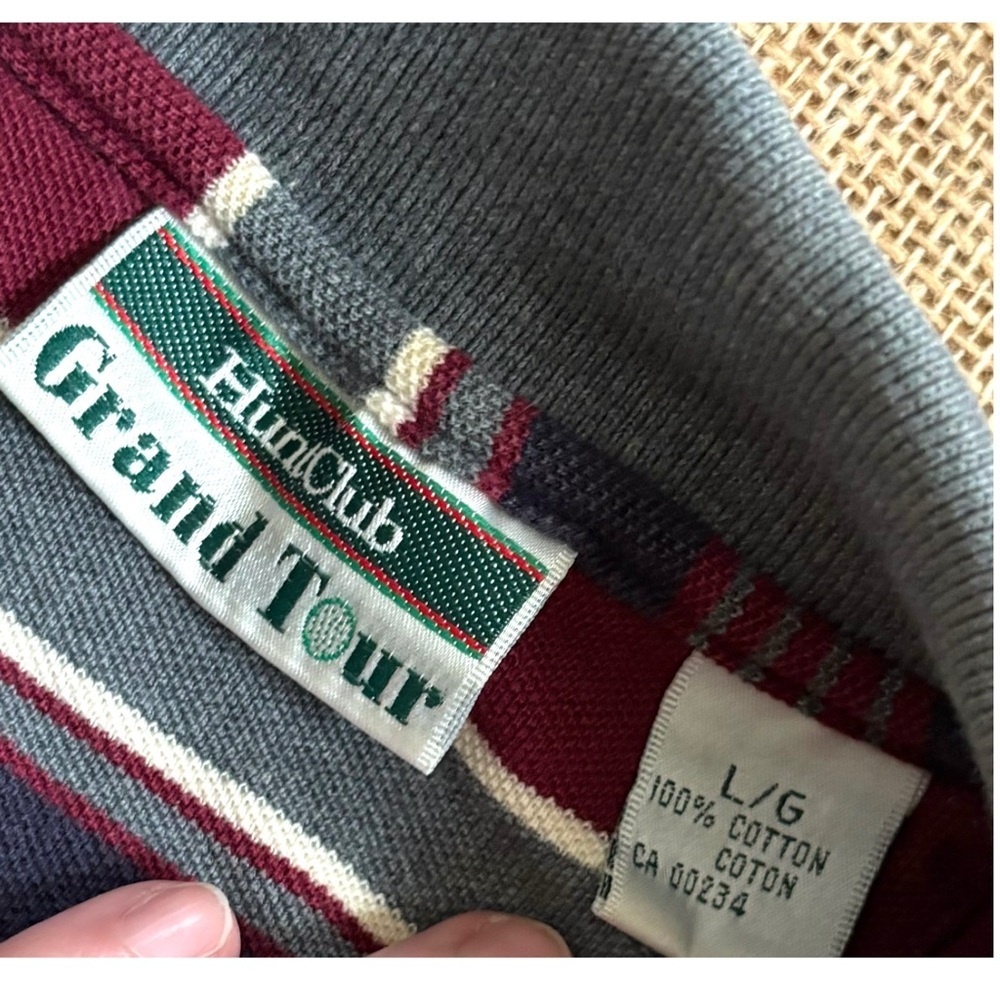 Vintage Hunt Club Gran Tour Striped Polo Shirt Sz Large Burgundy Navy Blue Gray - Picture 2 of 5